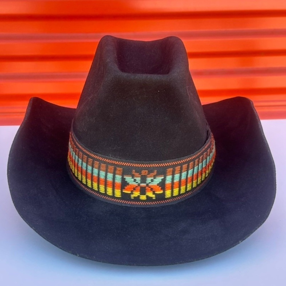 Vintage Keyston Sierra Black Dynafelt Cowboy Hat Woven Band Size 6 7/8